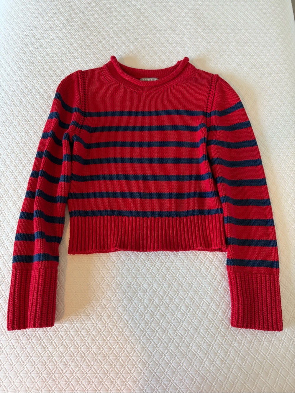 J. Crew Red and Navy Striped Cropped Crewneck Sweater
